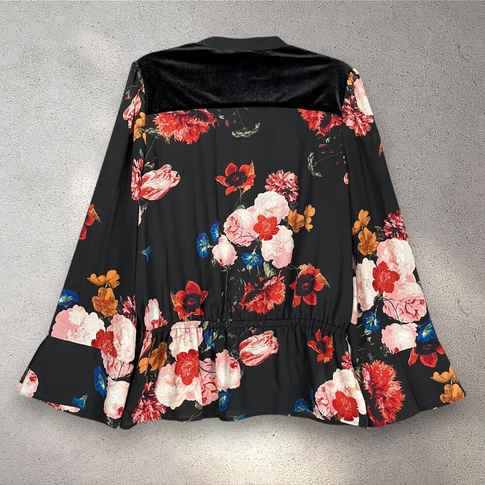 Worthington Floral Velvet Yoke Blouse Women’s L Multi Bell Sleeve Chic Romantic - Picture 2 of 9